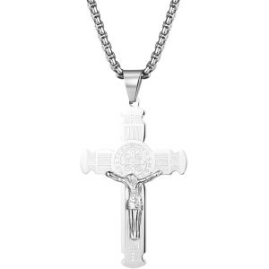 Kal-Collier Croix Chretienne Homme Pendentif Saint Benoit,Collier Croix Catholique,Crucifix J&eacute;sus Collier Avec Cha&icirc;ne R&eacute;glable,Cadeau Chretien Catholique Bijoux Religion - Neuf