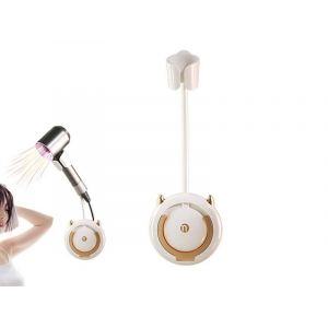 Support mural pour s&egrave;che-cheveux - Blanc-dor&eacute;, installation sans perforation, angle r&eacute;glable, design compact - Neuf