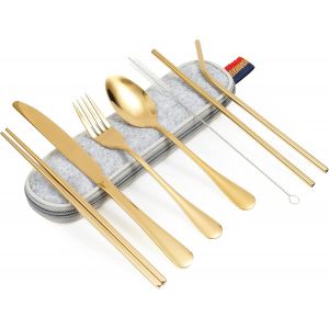 Sept-Couvert Camping, 8 Pièces Couvert Kit Pique Nique Pochette Couverts De Table Couverts De Voyage Passe Au, Lave-Vaisselle, Résistant À La Décoloration, Couvert Camping 1 Personne (Or) - Neuf