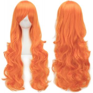 Kalanka-80cm Longue Perruque De Cosplay De Cheveux Naturels Boucl&eacute;s Avec Une Frange Color&eacute;e Halloween Costume Party Perruques Pour Les Femmes (Fluorescent Orange) - Neuf