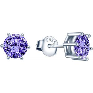 Kal-Collier Zircon Femmes Filles, Boucle D'oreille Zircon Femmes Filles, Bijoux Parures En Argent 925, Collier Solitaire &Agrave; Six Griffes, Clou D'oreille Solitaire Diamant &Agrave; Six Griffes, Violet - Neuf