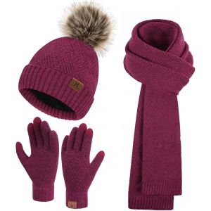 Femmes Hiver Chaud Bonnet Pompon Longue Echarpe Gants Tactiles Ensemble Tricot Avec Doublure Polaire Thermique Cadeaux Noel Femme - Neuf