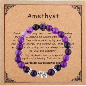 Eryi-Bracelet En Améthyste Pour Femme, Cadeau Rétablissement Inspirant Bracelet Réglable En Perles Cristal De Pierre Naturelle Violette Avec Breloque Éléphant Pour Survivante Problèmes Mammaires - Neuf