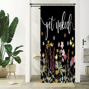 KAL-Rideau Douche Anti Moisissure, Rideau De Douche Étroit 90X180Cm Noir Fleuri Rose Et Violet Feuilles Vert Petit Rideaux De Baignoire Tissu Lavable Imperméable Rideaux De Bain Avec 6 Crochets - Neuf