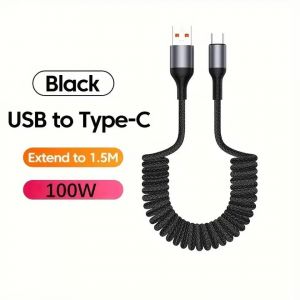 C&acirc;ble De Charge &Agrave; Ressort Pour Voiture, 25cm &Agrave; 1.5m, 100w, Charge Rapide Usb C &Agrave; Type C, Pour Iphone 16 15 Huawei Xiaomi Samsung Type C.Black-Usb To C. - Neuf