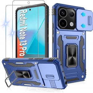 JGD-&Eacute;tui de protection pour Xiaomi Redmi Note 13 Pro 5G/Poco X6 5G - Avec couvercle de cam&eacute;ra coulissant - 2 films de protection d'&eacute;cran HD - Support en m&eacute;tal rotatif &agrave; 360 &deg; - Protection contre - Neuf