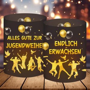 KALANKA-Lot de 12 photophores décoratifs de table pour la cérémonie de jeunesse, pour garçon et fille, avec inscription « Alles Gute Zur Jugendweihe », décoration de fête, noir et doré, cadeau d'invi - Neuf