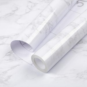 KALANKA-Papier Peint Film Rouleau Adhesif pour Meuble Cuisine Mural, Papier Autocollant pour Meuble Armoires Imperm&eacute;able, D&eacute;coratif Rev&ecirc;tement Blanc Marbre Vinyle Tableaux Comptoirs 40&times;300cm PVC - Neuf