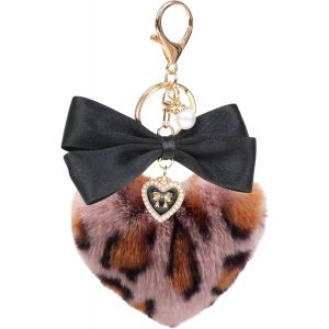 KAL-Porte-Clé Pompon Léopard En Peluche Forme De C?ur Avec Boîte Pendentif Noir N?ud Papillon Perle Décor Pour Voiture Sac À Main Saint-Valentin Noël - Neuf