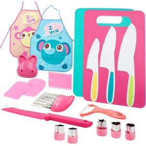 19 Pi&egrave;ces Ensemble De Couteaux &Agrave; D&eacute;couper Pour Enfants,Montessori 3 Ans,Ensemble De Cuisine Pour Enfants Avec Forme De Couteau &Agrave; Fruits,Planche &Agrave; D&eacute;couper,Tablier - Neuf