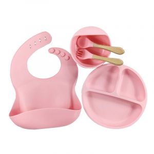 Ensemble De Vaisselle En Silicone Rose Pour Enfants, 5 Pi&egrave;ces : Bavoir, Petite Ventouse, Bol, Fourchette En Bois, Cuill&egrave;re En Bois - Neuf