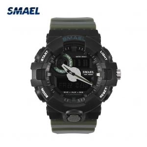 Smael Analogique Et Num&eacute;rique &Agrave; Double Affichage Led R&eacute;tro&eacute;clairage Montre Ronde Montre-Bracelet Bracelet Vert Arm&eacute;e - Neuf