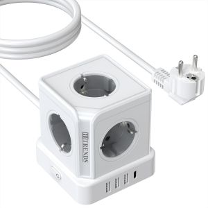 Tour de prise avec USB et type C, multiprise 5 prises avec interrupteur, 3 USB-A et 1 USB-C, c&acirc;ble de 2 m, cube de prise blanc pour bureau, maison - Neuf