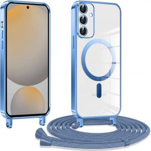 Kal-Coque Avec Cordon Pour Samsung Galaxy A55 5g, Coque Magnétique De Cellulaire Corde Transparent Silicone Étui En Galvanisé Avec Réglable Collier Téléphone Chaîne Lanyard Case Housse, Bleu - Neuf