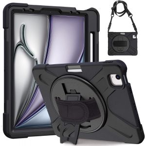Coque Antichoc Pour Ipad Air 11"" (M3/M2)/Air 5&egrave;/Air 4&egrave;/Ipad Pro 11 (4&egrave;/3&egrave;/2&egrave;/1&egrave;), &Eacute;tui Armure Robuste Avec Support Rotatif, Dragonne Et Bandouli&egrave;re, Porte-Stylet, Coque Pour Ipad Air 11, Noir - Neuf