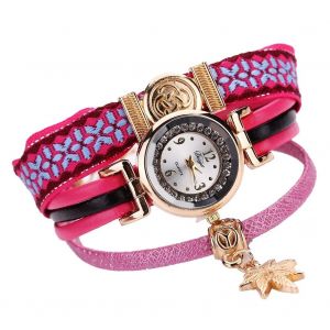 Duoya Femmes Feuille D'&eacute;rable Pendentif D&eacute;coration Bracelet Montre-Bracelet Analogique Montre &Agrave; Quartz (Rose Rouge) - Neuf