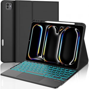 KAL-Coque Clavier Pour Ipad Pro 11"" (M4) 2024, Azerty Fran&ccedil;ais -Trackpad Clavier R&eacute;tro&eacute;clair&eacute; 7 Couleur &Eacute;tui Ipad Pro 11 Pouces Avec Fente Pour Stylo, Clavier D&eacute;tachable Sans Fil Bluetooth, Noir - Neuf
