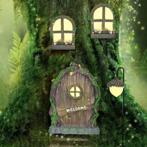 MEVRONISSHOP-4 pièces Portes et Fenêtre de Fée Miniatures Lumineux Miniature décorations de fée Statues Arbre de Porte et de Fée GNOME Miniature avec lampadaire de Noix de cèdre, Brille dans Le Noir - Neuf