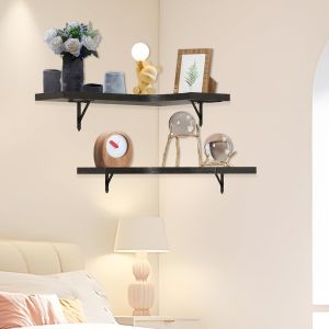 CAUC-Lot de 5 &eacute;tag&egrave;res murales d'angle flottantes en bois massif - 43 x 33 x 8 cm - Noir - Pour cuisine, salle de bain, chambre &agrave; coucher, salon - Neuf
