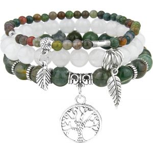 Kalanka-3 Pcs Bracelet Pierre Naturelle Femme,Boho Bracelet Perles Femme Avec Pendentif Arbre De Vie,Bracelets De Yoga Femmes,17-24 Cm Bracelets Pierre Coloré,Bijoux Cadeau Pour Femmes Fille - Neuf