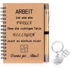 ChenQuanSarl-Cadeau Collègue, Cadeau De Remerciement Pour Collègues, Avec Portachiavi A Forma Di Puzzle, Stylo À Bille En Bois Bloc-Notes À Spirale En Papier Kraft Stylo À Bille - Neuf