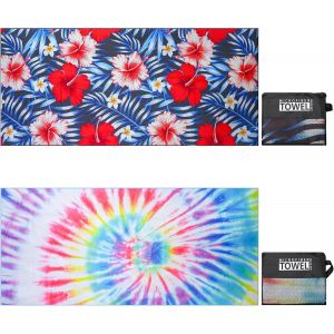 Tzf-Serviette De Plage Homme Femme Xxl Grande Microfibre L&eacute;ger Et Doux Anti Sable S&eacute;chage Rapide Drap De Plage Avec Sac En Filet 80&times;180cm Fleurs Tropicales + Tie Dye Color&eacute; 2pc - Neuf
