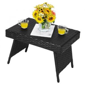 Table Basse Pliante De Jardin Costway En Rotin Pe Anti-Uv, 60 X 40 X 40 Cm Table D'appoint Tress&eacute;e Pour Chambre Patio Piscine, Noir - Neuf