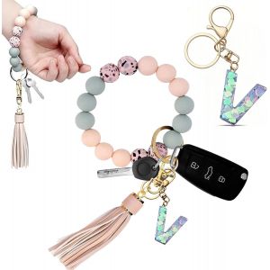 Kal-Porte-Cl&eacute;s Fille Avec Initiales, Porte-Cl&eacute;s Pour Femme, Bracelet Pour Femme, Porte-Cl&eacute;s De Voiture, Perles En Silicone, Cha&icirc;ne De Cl&eacute;s Pour Femme - Neuf