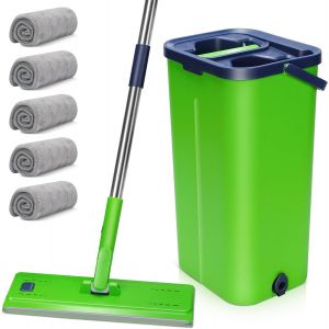 Moiuy-Balai Microfibre Et Seau Essoreur, Serpillière Rotative 360° Et Seau À 2 Compartiments, Vadrouille De Mains Libre Pour Nettoyage De Sol Avec 5 Tampons Réutilisables (Vert) - Neuf