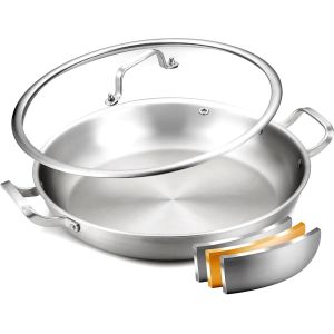 Jexnovashop-Po&ecirc;le &Agrave; Paella 35 Cm 12 Pers Triple Couche Acier Inox 316&deg;C Sans Pfoa | Compatible Induction/Tous Feux (Gaz/&Eacute;lectrique) | Chaleur Uniforme Lavable Lave-Vaisselle Kit Paell - Neuf