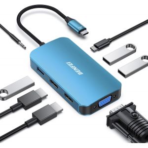 Hub USB C MST 8 en 1 avec USBC vers 2 HDMI/1 VGA, vers 3 Ports USB 3.0/100 W/Audio auxiliaire 3,5 mm, Compatible avec iPhone 15 Pro/Max, MacBook Pro 2023/2022/2021/2020, Surface Book et Plus - Neuf