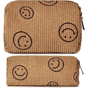 2 Pack de Grande Capacité Sac de Voyage Toilette (Brun), en Velours côtelé trousse de Maquillage avec un Visage Souriant, Multifonctionnel fermeture à Glissière Sac de Toilette pour les Femmes - Neuf