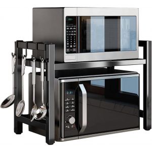 Support pour Micro Onde et Four Extensible Etagere Micro-Ondes avec 6 Crochets Suspendus,Support de Cuisine Pratique pour Plan de Travail,Organisateur de Cuisine,Noir (Noir) - Neuf