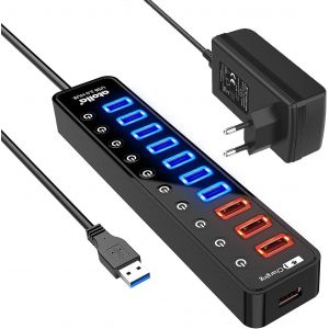 Hub Usb Actif 3.0 Avec Bloc D'Alimentation 48 W (12 V/4 A), Répartiteur D'Extension Usb 3.0 À 11 Ports (7 Ports De Données + 4 Ports De Charge Intelligents) Avec Interrupteur Marche/Arrêt[Z1381] - Neuf