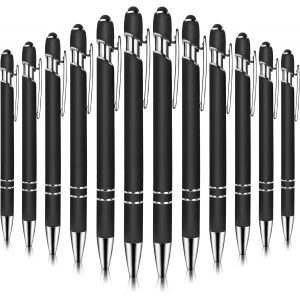 TIANYI-Stylo &agrave; Bille Stylet 2 en 1 R&eacute;tractable Stylets Tactile Capacitifs pour Appareil &agrave; &Eacute;cran Tactile Stylet en M&eacute;tal pour &Eacute;cole, Bureau, Voyages 1.0 mm Encre Noire 12 Pi&egrave;ces Couleur Noire - Neuf