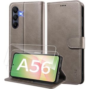 ELVORIX-Coque pour Samsung Galaxy A56 5G Etui Coque avec 2 Verre Tremp&eacute; Porte Carte Clapet &agrave; Rabat Portefeuille Cuir Case Housse Protection Flip Cover &Eacute;tui Coque pour Samsung Galaxy A56 5G,Gris - Neuf