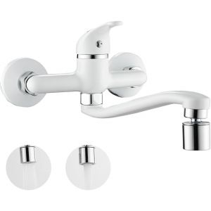 Robinet de Cuisine Mural Avec 2 Jets, Mitigeur d'&eacute;vier Cuisine, Robinets Mural Cuisine Bec Pivotant &agrave; 360&deg;, Robinet en Laiton pour le Chaude et Froide, Trous de Montage R&eacute;glables, Noir - Neuf