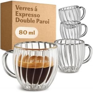 Mevronisshop-Tasses &Agrave; Expresso Double Paroi 80ml - Set De 4 Tasses Avec Poign&eacute;e - Design &Eacute;l&eacute;gant &Agrave; Cannelures Avec Effet De Flottement - R&eacute;sistant Au Lave-Vaisselle - Neuf