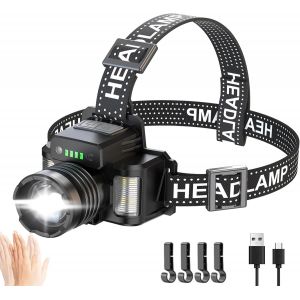 Lampe Frontale Led Rechargeable, Ultra Puissante 50000 Lumens 3+3 Modes, Capteur Et Lumi&egrave;re Rouge Bleue, Lampe Frontale Rechargeable Usb R&eacute;glable 45&deg; Ip65 &Eacute;tanche Pour Camping, Randonn&eacute;e - Neuf