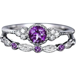 Femmes Zircon Artificiel Bague Deux Pi&egrave;ces Bague Incrust&eacute;e Strass Anniversaire Taille 6-10 (Taille 6, Violet) - Neuf