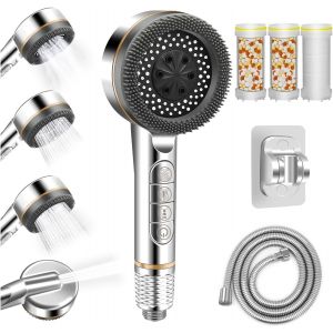 Pommeau de Duche avec Tuyau 1.5M, Pommeau Douche Anti Calcaire, Douchette Douche Salle de Bain avec Filtre, Pommeau de Douche Haute Pression avec 3 Modes de Jet (Argent gris) - Neuf