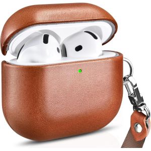 &Eacute;tui en Cuir pour AirPods 4 2024, Housse Protection Antichoc Cuir V&eacute;ritable Qualit&eacute; Sup&eacute;rieure avec Lani&egrave;re pour AirPods 4 &Eacute;tui de Chargement avec Trou (LED Visible) Chargeur sans Fil-Marron - Neuf