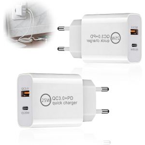 KALANKA-Lot de 2 Chargeur USB C pour Samsung 25W 4 Port USB-C et USB-A Super Rapide Prise Secteur Adaptateur Multi Secteur PD+QC 3.0 Type C Adaptateur pour Galaxy S24/S23/S22/S21 pour iPhone 16/15/14 - Neuf