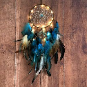 Attrape-rêves Arbre de vie bleu avec plumes, guirlande lumineuse LED mobile indienne faite à la main, filet circulaire traditionnel pour décoration murale, chambre d'enfant - Neuf