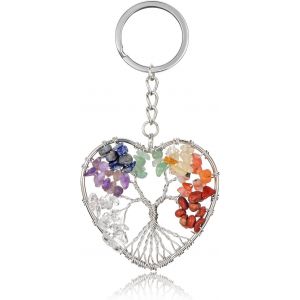 Kal-Porte-Clés Coeur Arbre De Vie Chakra Pendentif Pierre Naturelle Porte Clef Chakra Pierre Precieuse Porte Clé Portection Bonheur Femme Homme Cadeau Anniversaire Noël Fête Des Mères - Neuf
