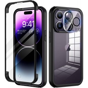 Eryi-Coque Pour Iphone 14 Pro Max Antichoc Housse [Avec Verre Trempé Protection Écran]+[9h Dureté Caméra Arrière Protecteur] Full Body Protection Integrale Bumper Rubuste Etui - Noir - Neuf
