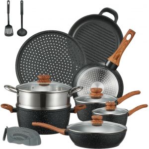 Jexnovashop-Batterie De Cuisine &Agrave; Induction, Aluminium Set Poele Et Casserole Induction 15 Pi&egrave;ces, Avec Couvercle En Verre, Lot Casserole Et Poele Anti Adhesive, Tous Feux Dont Induction,Noir - Neuf