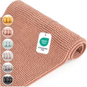 KAL-Tapis De Bain Certifié Oeko-Tex - Tapis De Bain Antidérapant Et Absorbant - Carpette De Douche Chenille Moelleuse - Carpette De Douche Douce Et Facilement Lavable - 50X80 Cm - Rose Poudré - Neuf