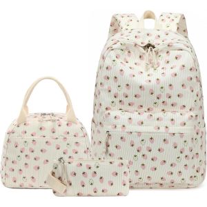 KALANKA-Sac à dos pour adolescentes et filles - Sac à dos d'écolier pour enfants - Avec sac à déjeuner - Trousse à crayons - Ensemble pour l'école, Fraise beige, L, Décontracté - Neuf