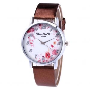 Zhoulianfa Simple Design Num&eacute;ro Fleur Motif Grand Cadran Pu Bracelet En Cuir Casual Montre (Marron) - Neuf